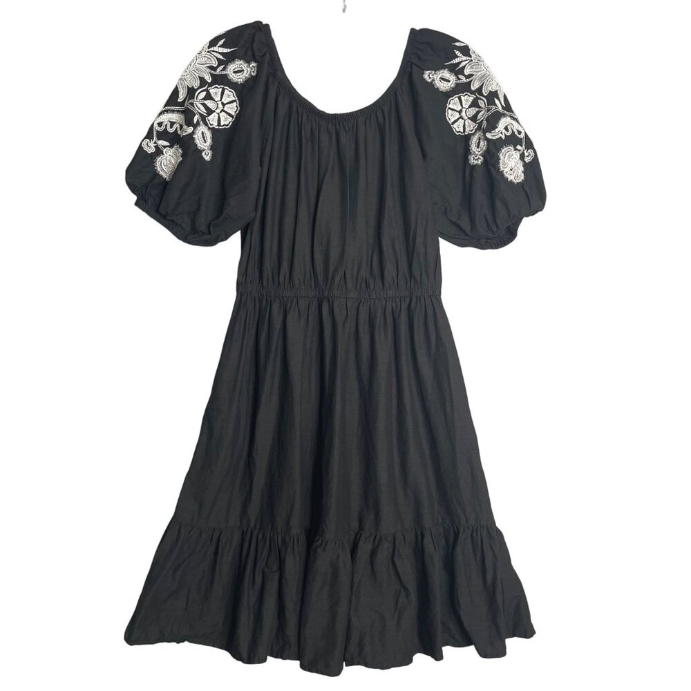 Knox Rose Dress Black Womens‎ XS Puff Sleeve Embroidered Floral Ruffle Boho